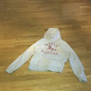 Luvtröja-grå/vit - Vit upptill och övergår till grått.  Snöre till luvan saknas. Glittrig lila text.