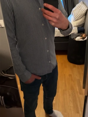 Randig blå skjorta från Riley - Säljer en stilren blå skjorta från Riley med vita vertikala ränder. Skjortan har klassisk krage, knäppning framtill och långa ärmar. Perfekt för dig som gillar en clean och tidlös look. pris går alltid att pruta