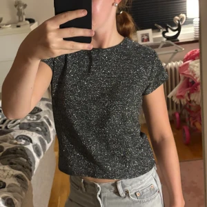 Glittrig svart topp med kort ärm - Säljer en svart glittrig topp med korta ärmar och rund hals. Toppen är croppad och har en snygg, glittrig yta som verkligen fångar ljuset. Perfekt för dig som vill sticka ut lite extra! Passar till både jeans och kjol.