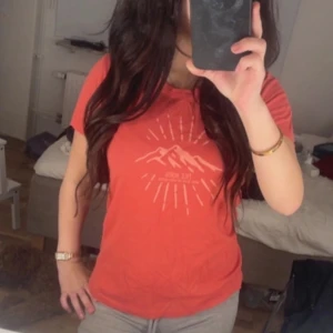 Korallröd t-shirt med bergstryck - Säljer en korallröd t-shirt med coolt bergsmotiv och solstrålar på bröstet. T-shirten har rund halsringning och korta ärmar, perfekt för en avslappnad stil. Materialet känns mjukt och skönt, troligtvis bomull. Passformen är normal.