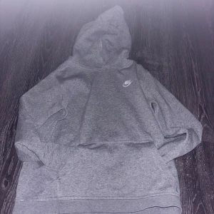 Grå Nike tröja 10-12 - Säljer en klassisk grå hoodie från Nike med broderad vit logga på bröstet. Tröjan har huva och långa ärmar, perfekt för chill dagar eller när du vill ha en enkel och stilren look. Mjuk och skön bomullsblandning.