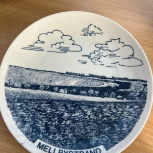 Mellbystrand Väggtallrik - Dekorativ väggtallrik från RIGES, Halmstad, med motiv av Mellbystrand, Skummeslöv och Hemmeslöv. Tillverkad i Sverige. Tallriken har en blåvit illustration och är utrustad med upphängningssnöre. Mindre slitage syns på kanten, annars i gott skick.