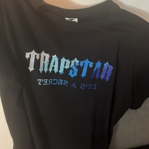 Svart Trapstar t-shirt med blått tryck - Svart t-shirt från Trapstar med stort, gradientfärgat tryck i blått och silver på bröstet där det står 'TRAPSTAR IT'S A SECRET'. Klassisk passform och rund halsringning. Perfekt för dig som gillar streetwear och vill sticka ut.