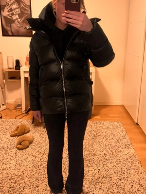 Svart pufferjacka med hög krage - Säljer en svart pufferjacka från massimo dutti med hög krage och dragkedja framtill. Jackan har en oversized passform och är perfekt för kyliga dagar. Den blanka ytan ger en modern look och jackan är lätt att matcha med olika outfits.