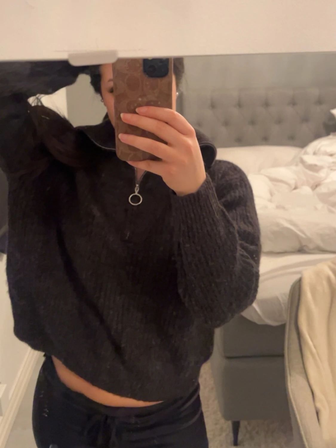 Mörkgrå stickad tröja med half zip - 1