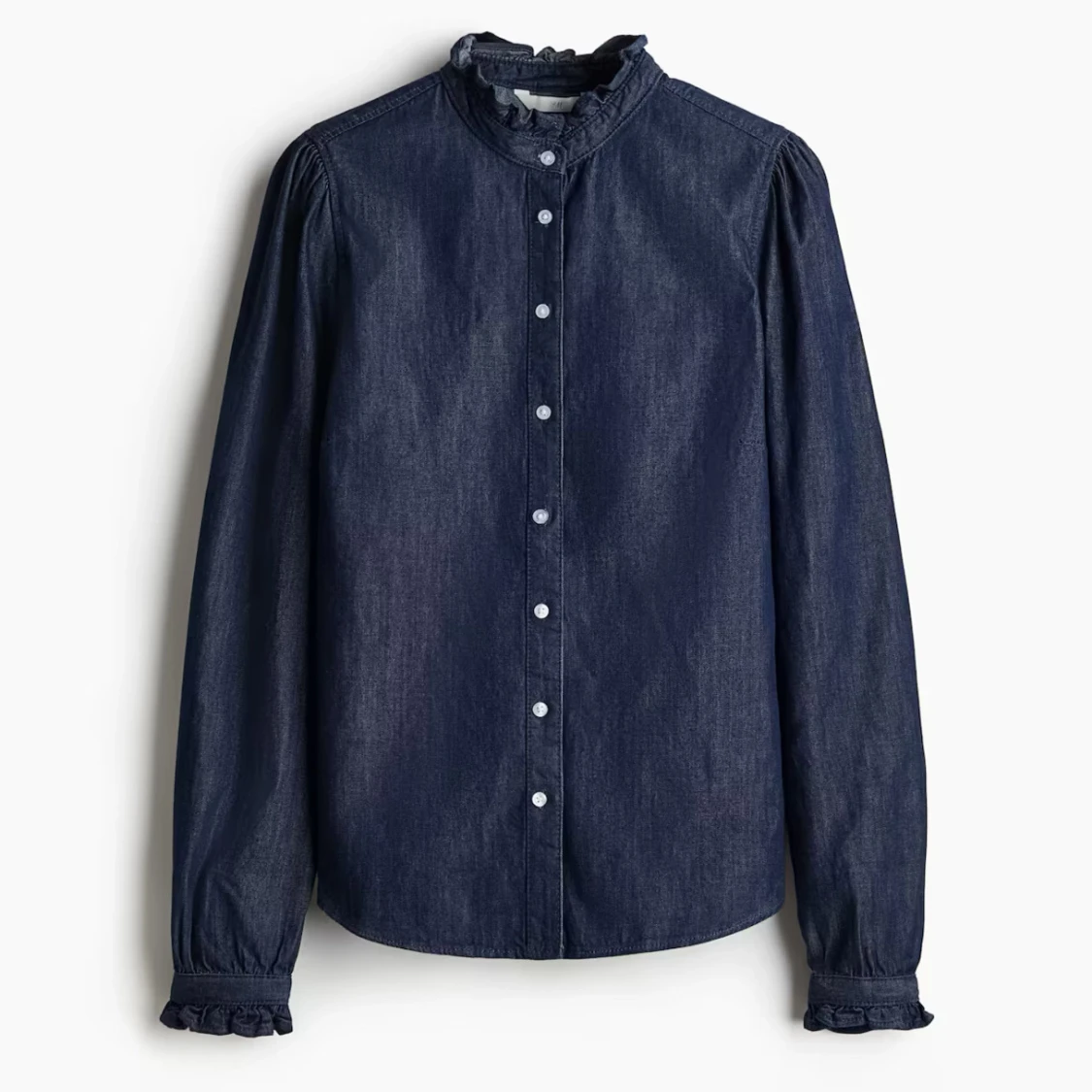 Mörkblå volangskjorta i denim