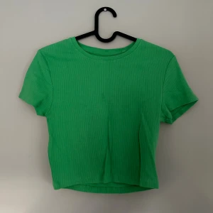 Grön ribbad croppad topp - Snygg grön croppad topp med ribbad struktur och korta ärmar. En liten fläck (synlig på bild)