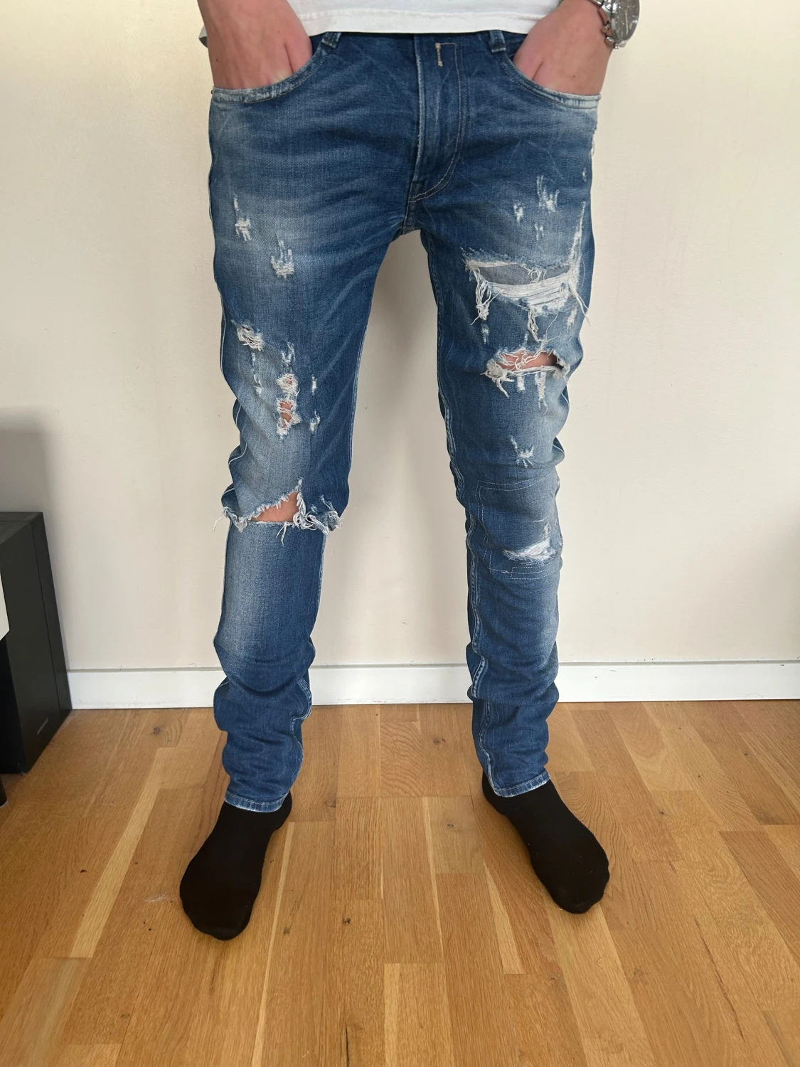 Replay Anbass blå ripped jeans, stl 32