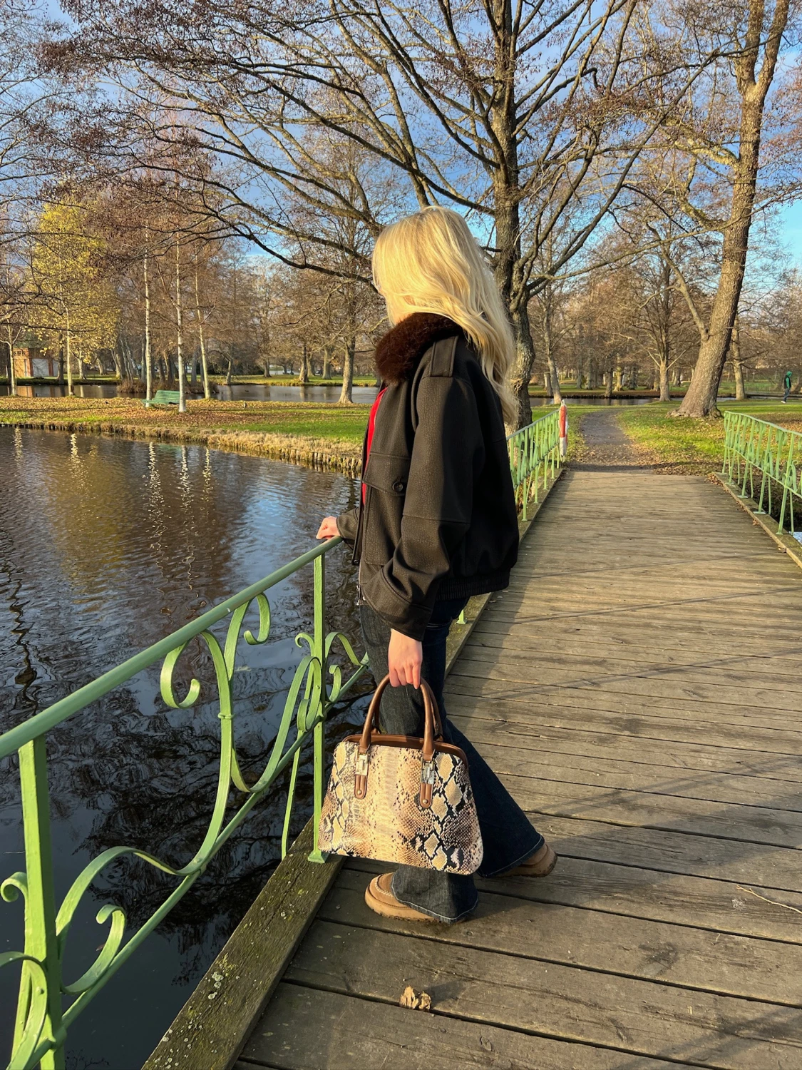 Handväska med ormmönster och bruna detaljer - 1