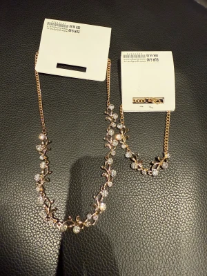 Ingen väst på bilden - Bilden visar ett smyckeset med halsband och armband i guldton med glittrande stenar, men ingen väst finns med.