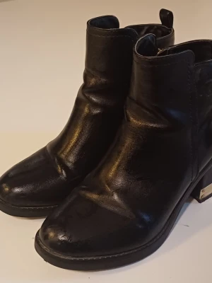 Svarta boots med gulddetaljer - Säljer ett par svarta boots i skinn med rund tå och låg klack. Skorna har guldfärgade detaljer på klacken och dragkedja på sidan med snyggt hänge. Perfekta för dig som gillar stilrena och coola skor med lite edge.