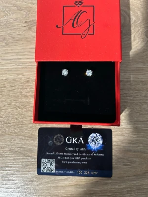 Ingen väst på bilderna - Bilderna visar ett par örhängen med diamantliknande stenar i en röd ask från GRA, men ingen väst finns med.