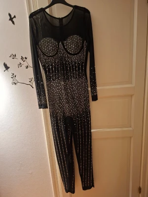 Svart jumpsuit med paljetter - Säljer en svart långärmad jumpsuit med transparent mesh och täckt av glittriga paljetter i ett mönster som ger en riktigt cool look. Tight passform och dragkedja bak. Perfekt för dig som vill sticka ut och glänsa.