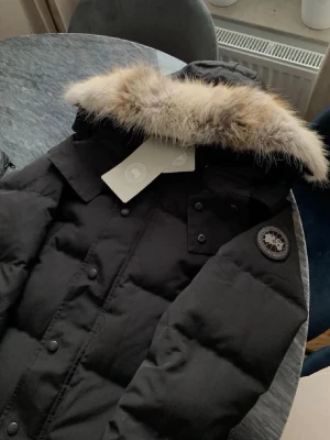 Svart dunjacka från Canada Goose XS - Säljer en svart dunjacka från Canada Goose i storlek S. Jackan har en fluffig pälskant på huvan, diskret logga på ärmen och klassisk quiltad design. Perfekt för kalla dagar med sin varma och stilrena look. Kommer med originalpåse och tags kvar.