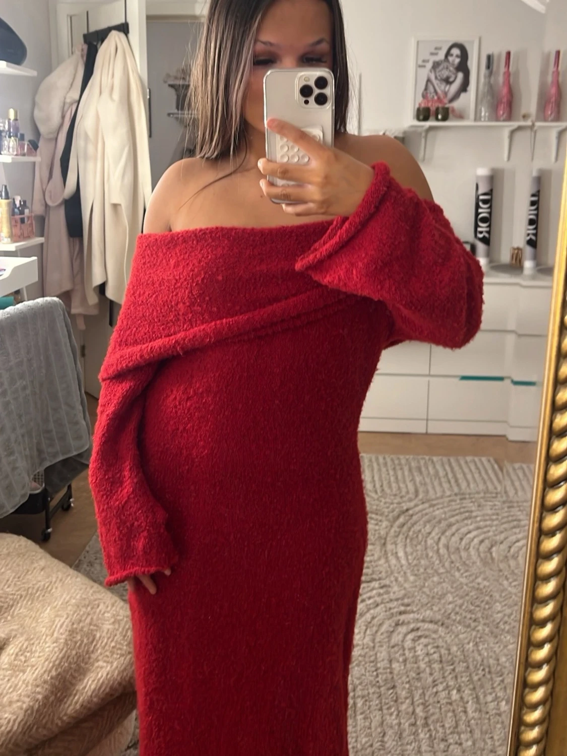Röd lång stickad offshoulder-klänning - 2