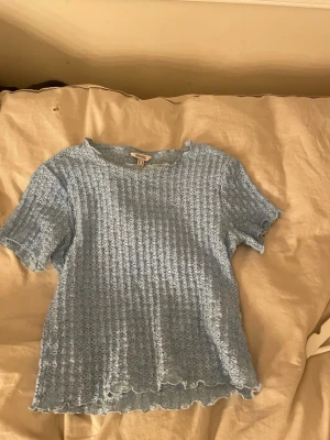 Ljusblå spetsblus från AWARE - Säljer en ljusblå blus från AWARE i storlek M. Toppen har korta ärmar, är tillverkad i ett genombrutet spetsmaterial och har vågiga kanter vid ärmslut och nederkant. 