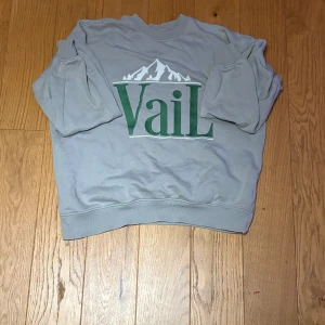 Grå sweatshirt från Vailent, M - Snygg grå sweatshirt från Vailent i storlek M med grönt Vail-tryck och bergmotiv på bröstet. Tröjan har rund hals, långa ärmar och ribbade muddar vid ärmslut och nederkant. Perfekt för chill dagar och enkel att matcha med jeans eller joggers. Säljer den pågrund av att den är för liten rensar min garderob just nu! 