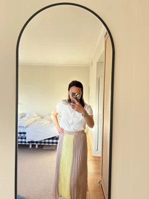 Plisserad beige och gul långkjol Dante6 - Säljer en superfin plisserad långkjol från Dante6 i beige med en cool gul panel framtill. Kjolen har bred resår i midjan och är gjord i ett lätt, flowy syntetmaterial som ger snygg rörelse. Perfekt för dig som vill sticka ut med färg och stil. Nypris: 2049kr   Viktiga funktioner 	•	Tvåfärgad design – fräscha och perfekta färger 	•	Sheer och lätt midikjol 	•	Elegant plisserad design 	•	Klassisk passform 	•	Mjuk elastisk midja för extra komfort 	•	Ny med taggar! 💕