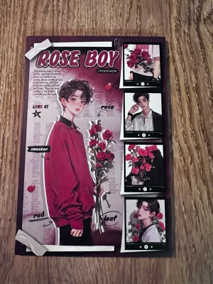 Klistermärken- Rose Boy Sticker Book - Upptäck en unik stickerbok fylld med stilrena illustrationer av unga killar, rosor och cafévibbar. Perfekt för dig som älskar scrapbooking, journaling och att dekorera dina prylar med snygga stickers. Inspireras av mode, blommor och mysiga caféstunder! #klistermärken #scrapbooking 