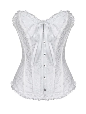 Vit korsett med rosett och spetsdetaljer - Supersnygg vit korsett med vacker rosett framtill och subtilt mönster i tyget. Toppen har volangkant längs över- och nederkant samt knäppning framtill. Perfekt för dig som vill sticka ut med en feminin och elegant look.