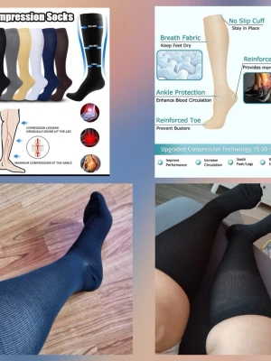 Beige eller Svarta kompressionsstrumpa, lång modell - Jättesköna strumpor finns både i beige och svart kompressionsstrumpa i lång modell som går upp till knäet. Strumpan är ribbad och tillverkad i ett syntetmaterial som ger bra stöd och ökad blodcirkulation. Perfekt för dig som vill ha extra komfort och stöd under dagen. 