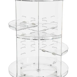 Roterande smink- och förvaringsställ i akryl, 30x23 cm - Praktisk roterande förvaringsställ i transparent akryl, perfekt för smink, borstar och hudvårdsprodukter. Mått: 30 cm hög, 23 cm i diameter. Justerbara hyllor. Mycket gott skick, inga synliga defekter eller slitage.