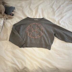 Grå croppad tröja från Dagmar - Grå croppad sweatshirt från Dagmar med ett stort grafiskt tryck i rosa på bröstet. Tröjan har lång ärm, rund hals och är tillverkad i mjuk bomullsmix. Perfekt för dig som gillar en chill och trendig look.