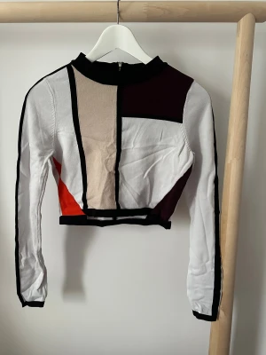 Färgstark croppad topp från River Island - Säljer en croppad långärmad topp från River Island med  blockfärger i vitt, svart, beige, vinrött och orange. Toppen har svarta kantlinjer, hög hals och dragkedja bak. Materialet är stickat och ger en mjuk känsla.