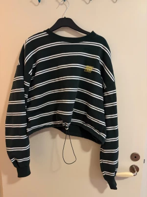 Randig croppad tröja från Junkyard XL - Snygg mörkgrön och vit randig tröja från Junkyard i storlek XL. Croppad modell med snörning i nederkant och ribbade muddar vid ärmslut. Långärmad och med tryckt detalj på bröstet. Perfekt för dig som gillar streetwear och avslappnad stil.