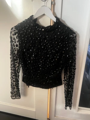 Svart glittrig långärmad topp - Säljer en svart långärmad topp med glittriga paljetter över hela tyget. Toppen har en meshbas som ger en cool transparent effekt på ärmarna och är figurnära i modellen. Perfekt för att sticka ut med extra bling och edgy vibe.