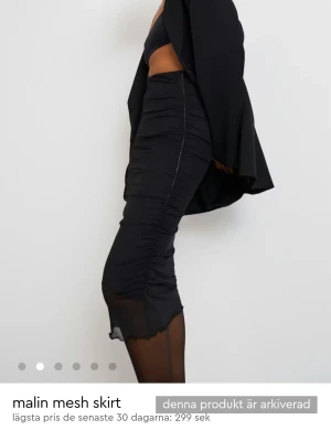 Svart meshkjol med rynkade detaljer - Säljer en svart meshkjol från gina tricot med rynkade detaljer längs sidorna. Kjolen är figurnära och har en transparent meshstruktur som ger en cool vibe. Midilång modell som passar perfekt till crop tops och boots. Köpt för 299kr