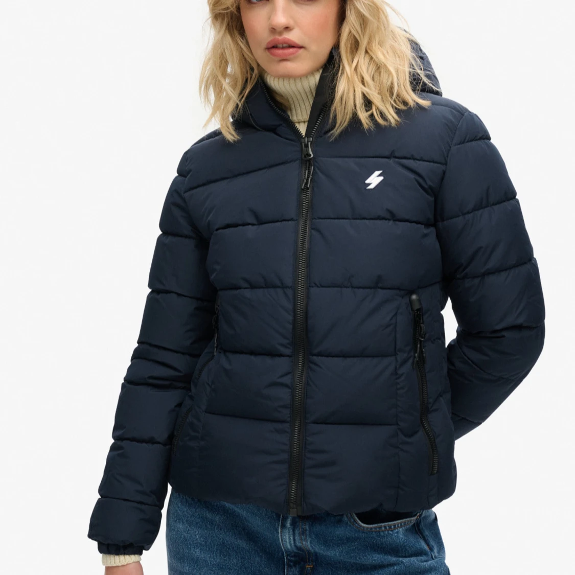 Mörkblå pufferjacka med huva - 1