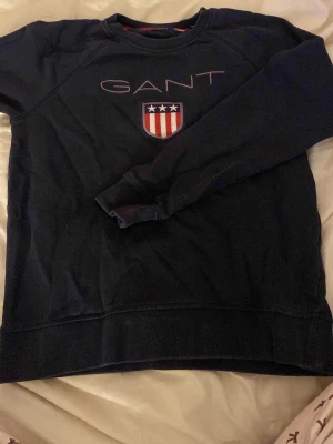 Mörkblå sweatshirt från GANT - Säljer en mörkblå sweatshirt från GANT med tryckt logga och ett snyggt emblem med stjärnor och ränder på bröstet. Tröjan har rund hals, långa ärmar och ribbade muddar. Perfekt för dig som gillar klassisk och sportig stil.