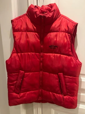 Röd dunväst från Newport - Säljer en röd dunväst från Newport Pacific Racing med hög krage och dragkedja framtill. Västen har två snedställda fickor och broderad logga på bröstet. Perfekt för lager-på-lager och riktigt snygg till streetwear-stilen.