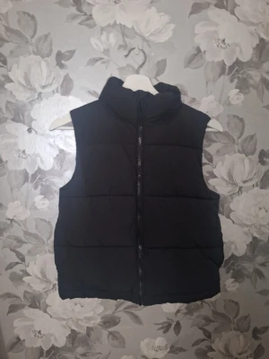 Svart dunväst från Gina Tricot - Säljer en svart dunväst från Gina Tricot i storlek 146/152. Västen har hög krage och dragkedja framtill. Den är quiltad och har en clean, enkel design som är lätt att matcha med olika outfits. Perfekt för kyliga dagar när du vill ha något extra över tröjan.