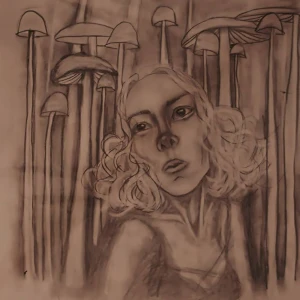 Okänd  person bland svampar - Unik målning med konstnärligt tecknad person omgiven av höga svampar i svartvitt. Perfekt för dig som gillar mystiska och kreativa illustrationer. Passar unga vuxna som söker något annorlunda och inspirerande till hemmet eller som konstnärlig inspiration. Denna är orginal.