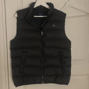 Svart dunväst från GANT - Helt oanvänd svart dunväst från GANT. Västen har dragkedja framtill och diskret GANT-logga. Perfekt att slänga över en hoodie för extra värme. Stilren och enkel look. Priset kan diskuteras💕