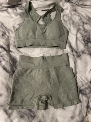 Ljusgröna seamless träningsshorts - Säljer ett par ljusgröna seamless träningsshorts med hög midja och scrunch-detalj bak för extra shaping. Materialet är mjukt och stretchigt, perfekt för gymmet eller yoga. Shortsen har ribbade detaljer längs sidorna och midjan för en snygg och bekväm passform. Samt kommer en ljusgrön top med men lite detalj på ryggen som passar med shortsen perfekt 