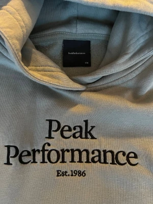 Hoodie Peak Performance 170 - Snygg hoodie från Peak Performance med svart broderad logga på bröstet. Tröjan har huva, ribbade muddar och en stor magficka framtill. Tillverkad i mjuk bomull som är skön att ha på sig. Perfekt för dig som gillar stilrena och bekväma plagg.