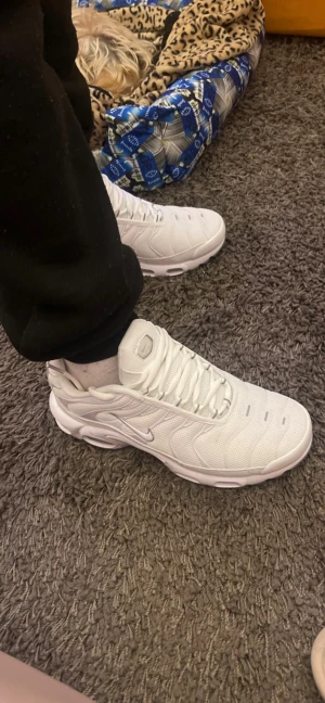 Nike Air Max plus vita - Säljer ett par fräscha vita Nike Air max  sneakers med snygg mesh-överdel och vågiga detaljer på sidorna. Skorna har platt sula, rund tå och klassisk snörning. Perfekt för dig som gillar stilrena och sportiga sneakers med skön passform.