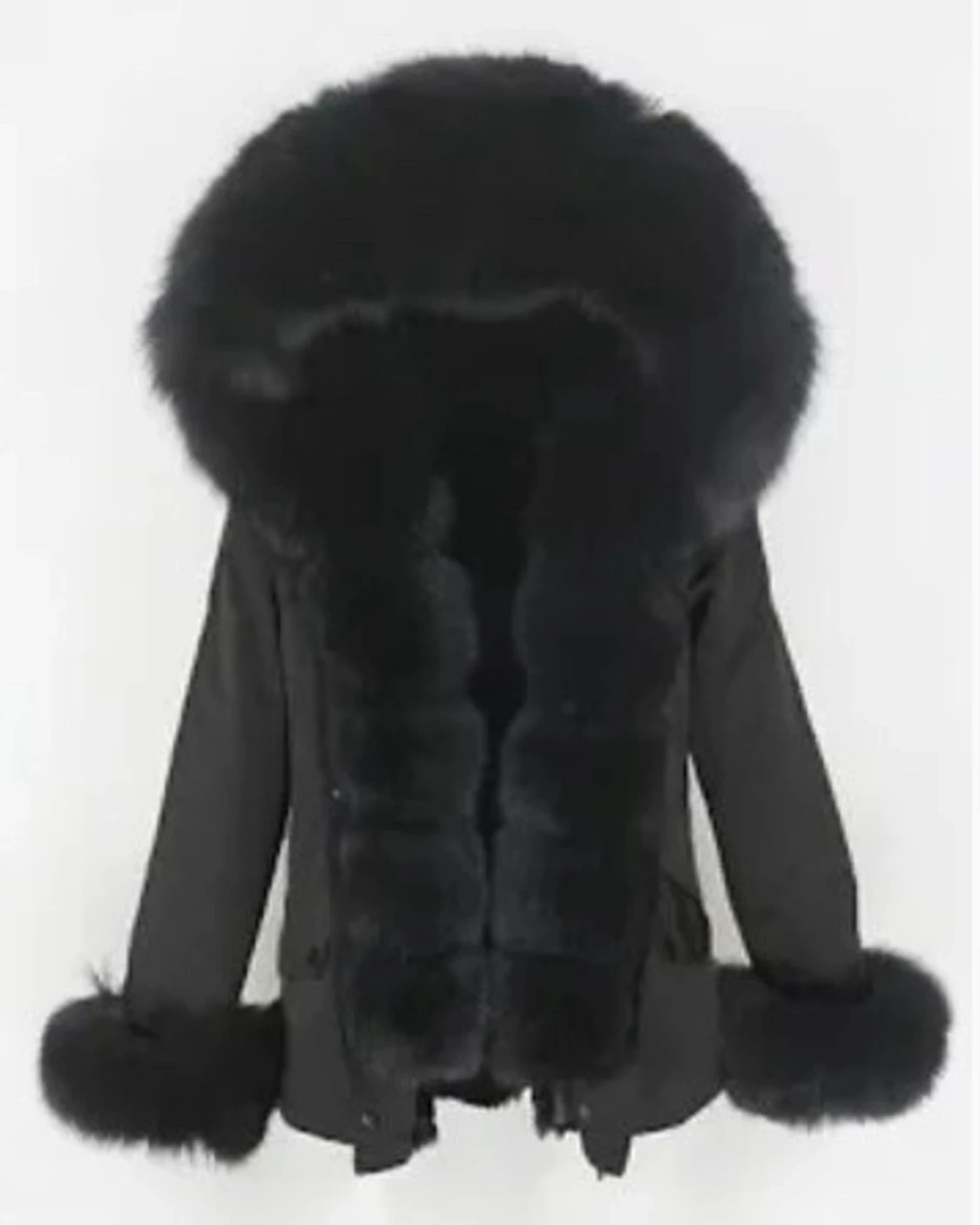 Svart pälsjacka med fluffig huva - 1