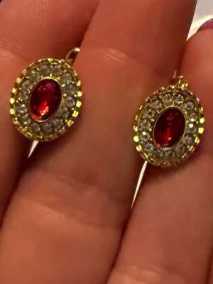 Guldiga örhängen med röda stenar - Snygga örhängen i guldfärg med ovala röda stenar i mitten, omgivna av små klara stenar som ger extra bling. Klassisk oval form och smidig låsning baktill. Perfekta för dig som gillar statement-smycken med vintagekänsla.