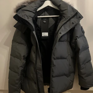 Grå dunjacka från Canada Goose - Säljer en grå dunjacka från Canada Goose med stor huva och lyxig pälsdetalj. Jackan har klassisk patch på ärmen, dragkedja och knappar framtill samt quiltad design. Perfekt för kalla vinterdagar och riktigt snygg passform.