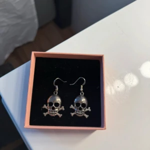 Silvriga döskalle örhängen - Unika silvriga örhängen med döskalle och korslagda ben-design. Hängande modell som levereras i en rosa ask. Perfekt för dig som gillar edgy och coola accessoarer med attityd.
