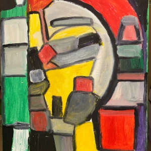 ”Escape” - Bilden visar en abstrakt målning med färgglada geometriska former i rött, gult, grönt och grått. Akryl målning av Yaya