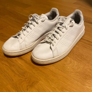 Vita Adidas advantage sneakers  43⅓ - Fräscha vita Adidas advantage sneakers med klassisk låg profil och rund tå. Skorna har snörning, perforerade ränder på sidorna och grå detalj med Adidas-logga på hälen. Tillverkade i skinn med platt sula, perfekta för en clean och stilren look.