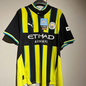 Manchester City randig fotbollströja Puma - Manchester Citys officiella fotbollströja från Puma med svart, gul och blått randigt mönster. Tröjan har korta ärmar, broderat klubbmärke på bröstet och Etihad Airways-logga. Tillverkad i lätt polyester med DryCell-teknologi för att hålla dig torr under matchen.