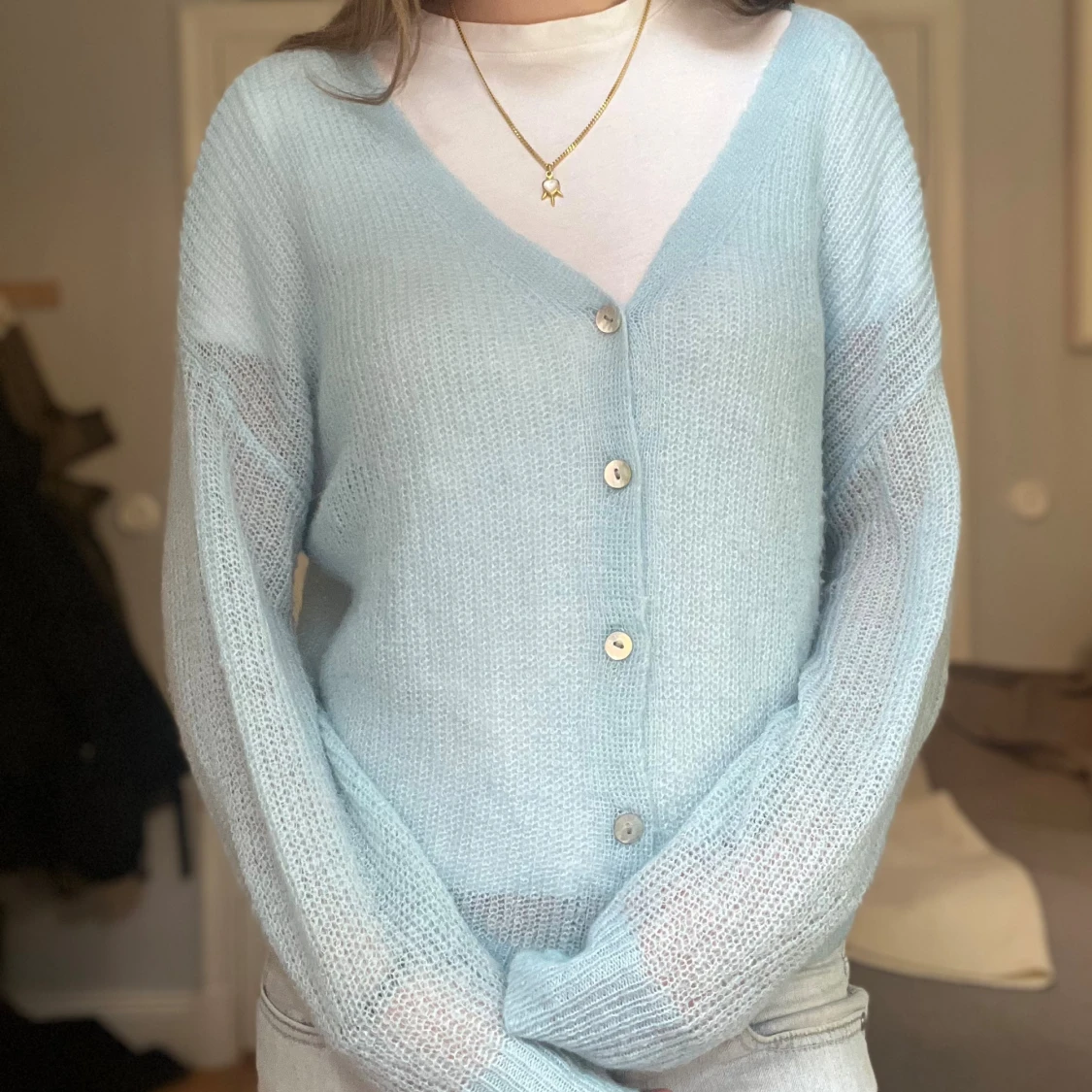 Ljusblå stickad kofta - 2