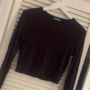 Svart och röd randig långärmad topp Zara - Säljer en svart långärmad topp från Zara med tunna röda ränder. Toppen har en rund halsringning storlek L 