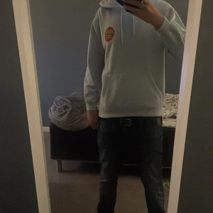 Ljusblå Santa Cruz hoodie med tryck - Säljer en ljusblå hoodie från Santa Cruz i storlek M. Tröjan har huva med snörning och ett stort rött Santa Cruz-tryck på ryggen samt ett mindre tryck på bröstet. Mjuk insida och klassisk passform, är nästan aldrig använd 